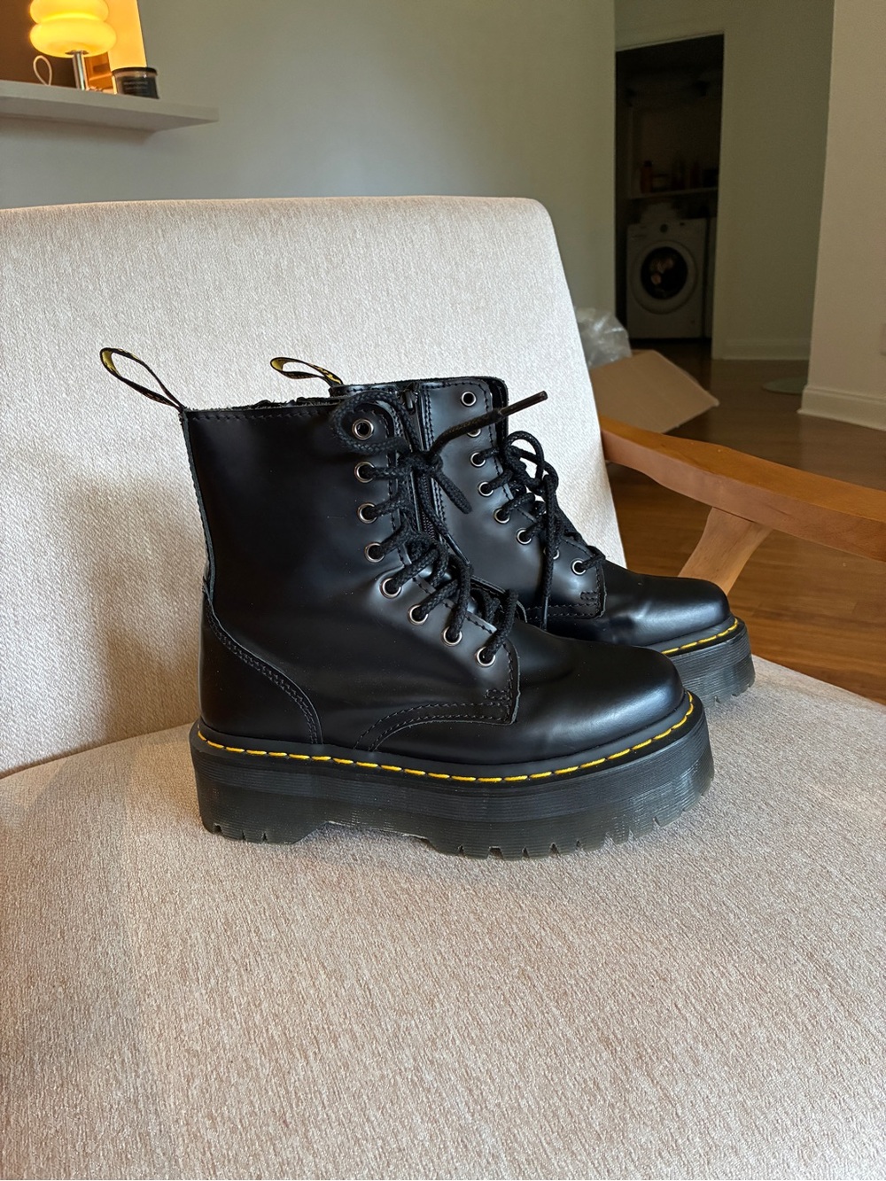 Dr. Martens Black Leather Jadon platform boots with Yellow Stitching